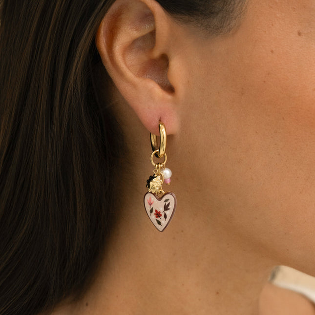 Hoop earrings - freshwater pearl, sun and enameled heart with foliage patterns