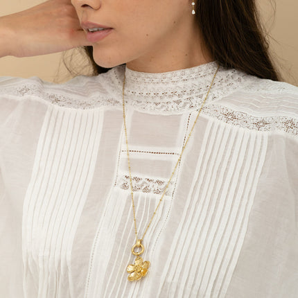 Collier - anneau texturé et fleur 60+5CM
