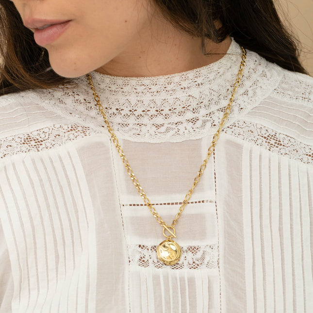 Collier - maille alternée 1/1, pendentif cabillot et pièce concave ronde