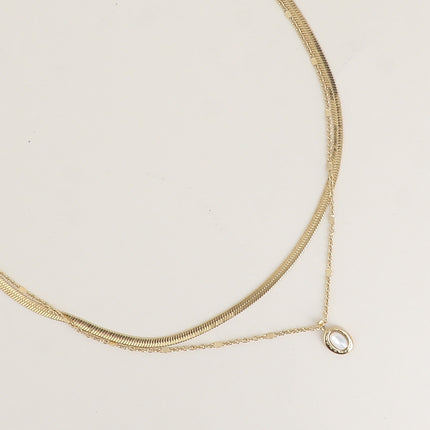 Collier - 2 rangs, maille miroir et forçat, pendentif pierre naturelle ovale