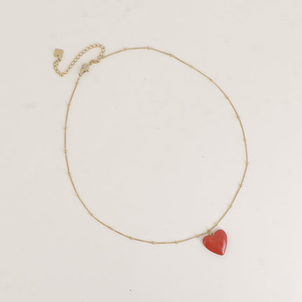Collier - chaîne à petites boules et pendentif coeur émaillé