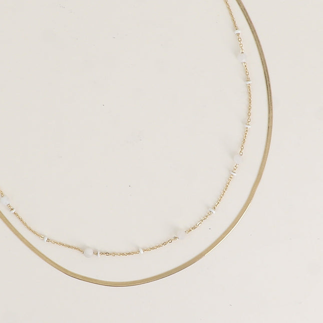 Collier 2 rangs - forçat avec perles émaillées et des pierres naturelles, miroir et forçat alternée pincée