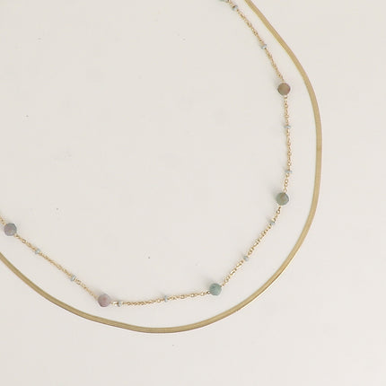 Collier 2 rangs - forçat avec perles émaillées et des pierres naturelles, miroir et forçat alternée pincée