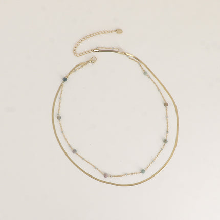 Collier 2 rangs - forçat avec perles émaillées et des pierres naturelles, miroir et forçat alternée pincée