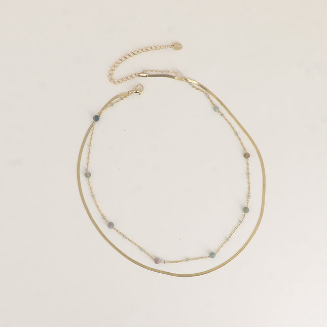 Two-strand necklace - cable chain with enameled beads and natural stones, mirror and pinched alternating cable chain
