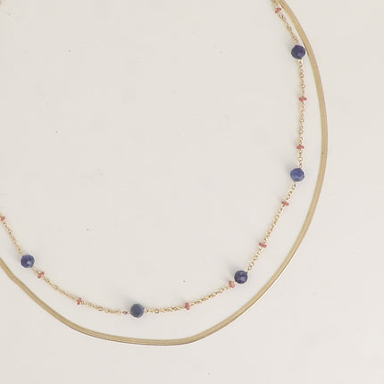 Collier 2 rangs - forçat avec perles émaillées et des pierres naturelles, miroir et forçat alternée pincée