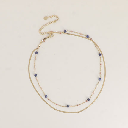 Collier 2 rangs - forçat avec perles émaillées et des pierres naturelles, miroir et forçat alternée pincée