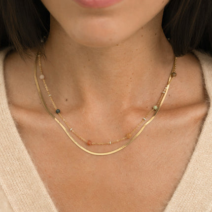Collier 2 rangs - forçat avec perles émaillées et des pierres naturelles, miroir et forçat alternée pincée