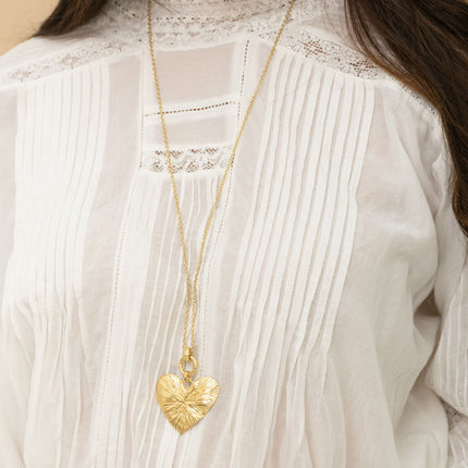 Long necklace - large heart pendant with engraved lines