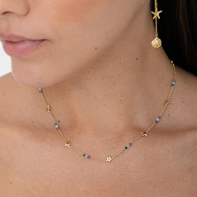 Necklace - star-shaped tassels and natural stones