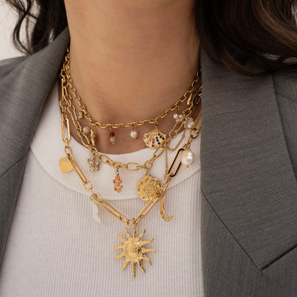 Collier Luzia - breloques (coeurs, soleil, oiseau), pierres naturelles