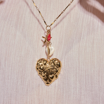Collier en Y - gros coeur avec étoiles de mer, coeur en résine nacrée