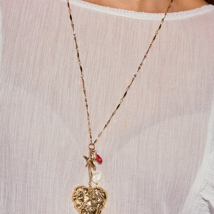 Collier en Y - gros coeur avec étoiles de mer, coeur en résine nacrée