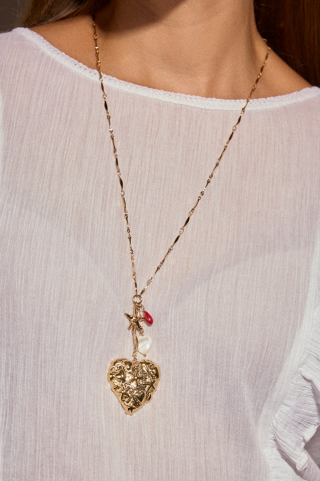 Y-shaped necklace - large heart with starfish, pearly resin heart