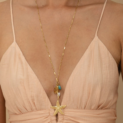 Collier en Y -  étoile de mer, perle de résine blanche, soleil et pierres naturelles