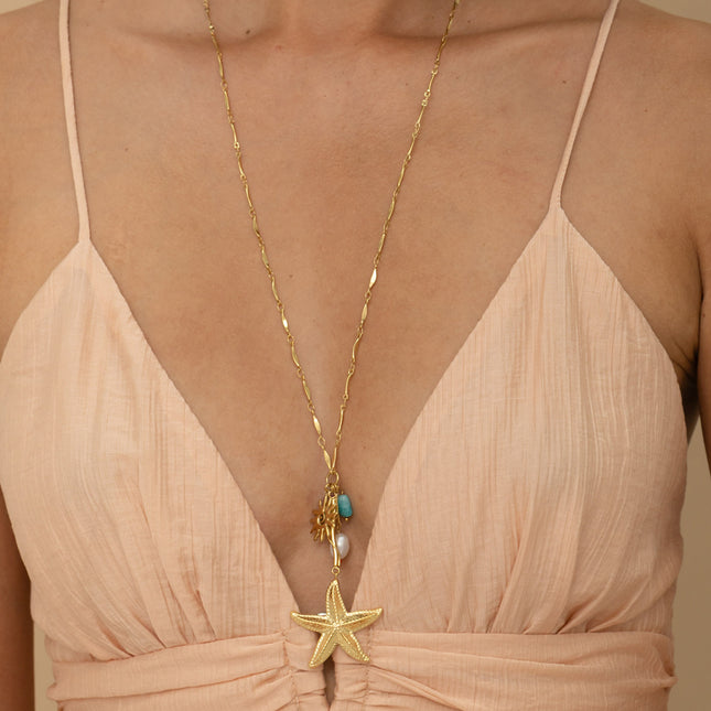 Collier en Y -  étoile de mer, perle de résine blanche, soleil et pierres naturelles