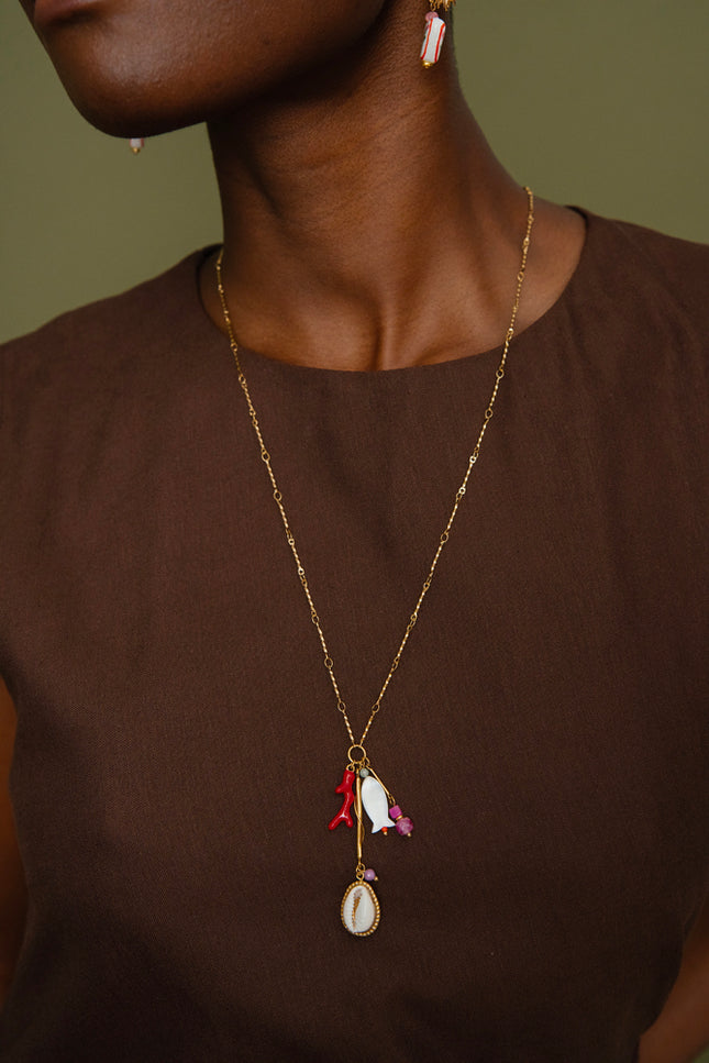 Y necklace Dunéa - natural cowrie shell, enamel coral branch, natural stones, and mother-of-pearl fish
