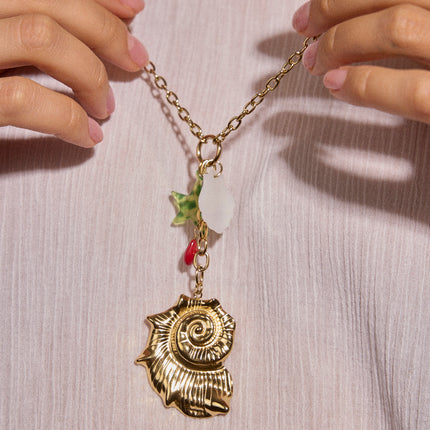Collier en Y - gros coquillage, coquillage nacré, étoile de mer en résine et perles