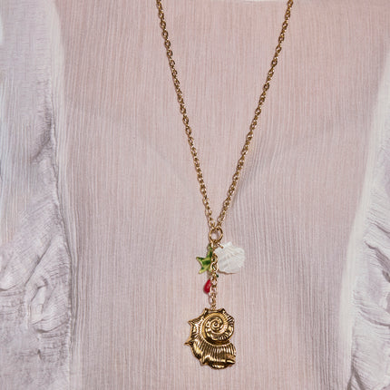 Collier en Y - gros coquillage, coquillage nacré, étoile de mer en résine et perles