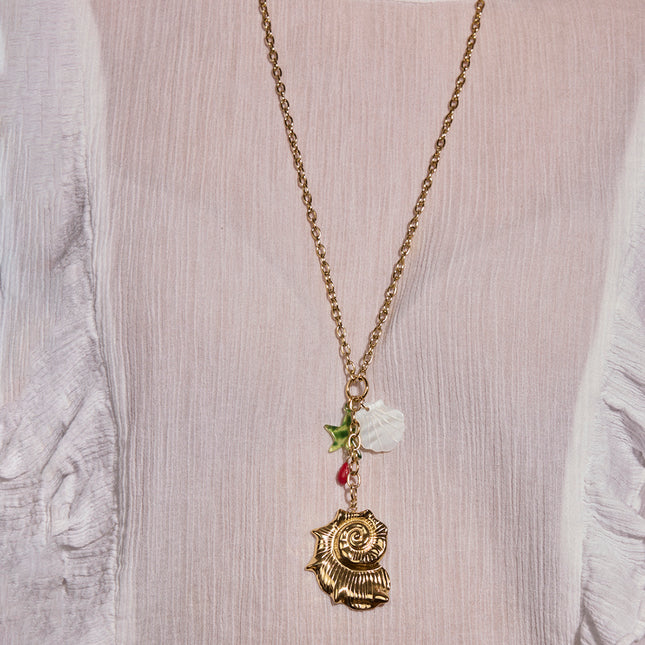 Y-shaped necklace - large seashell, mother-of-pearl shell, resin starfish and pearls