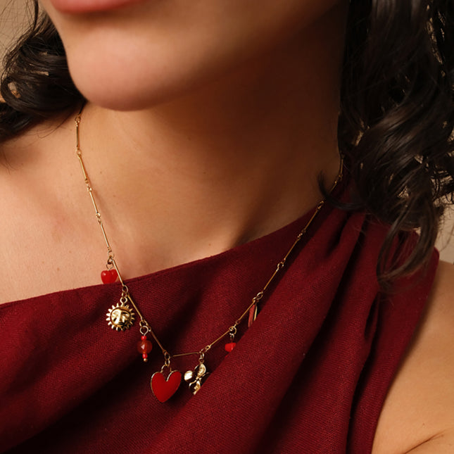 Collier Marcellis - soleil, coeur en émail, trèfle, étoile du Nord et pierres naturelles