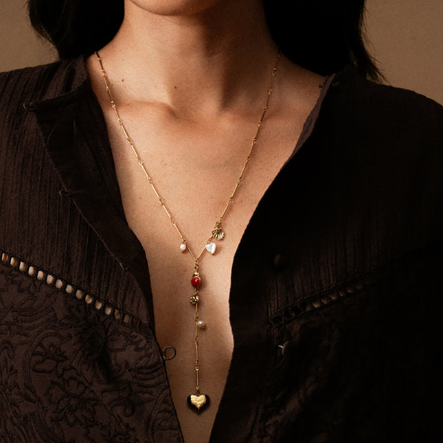 Collier Y Velora - pampilles coeurs, nacre et perles d'eau douce