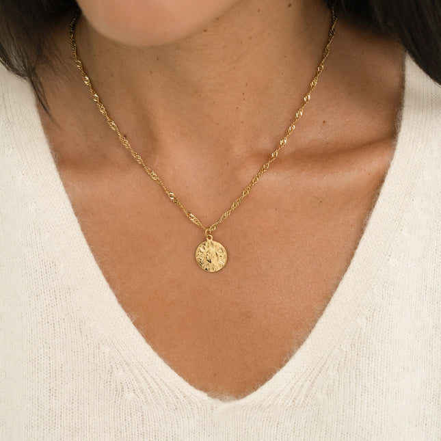 Collier - maille Singapour, pendentif rond avec soleil
