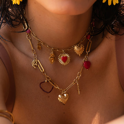 Collier Luzia - breloques (coeurs, soleil, oiseau), pierres naturelles