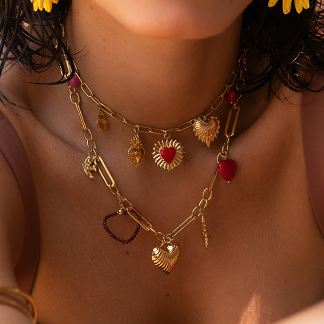 Collier Luzia - breloques (coeurs, soleil, oiseau), pierres naturelles