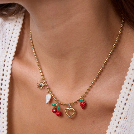 Collier - soleil, coeurs, cerise et fraise en émail