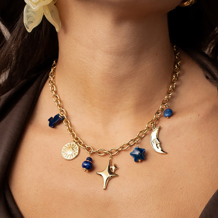 Collier Lysiane - soleil, perles, lune, étoile et trèfle