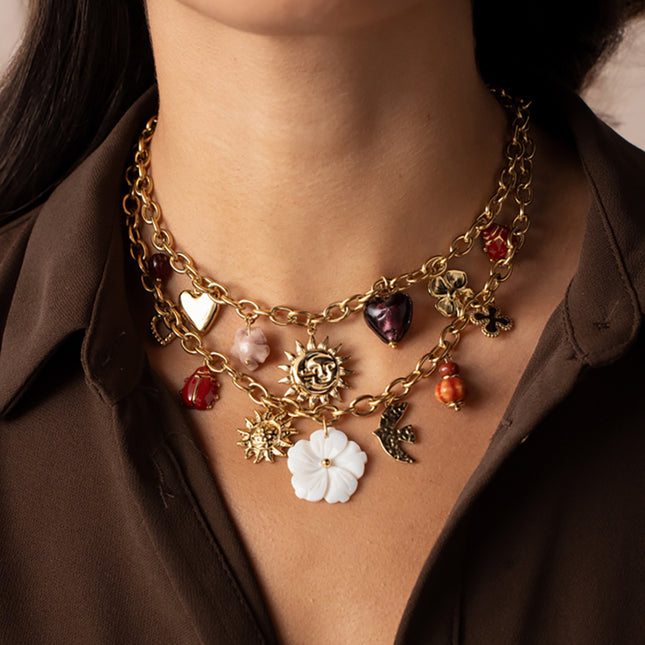 Idalie Necklace - pearls, bird, sun, mother-of-pearl flower, enamelled ladybug