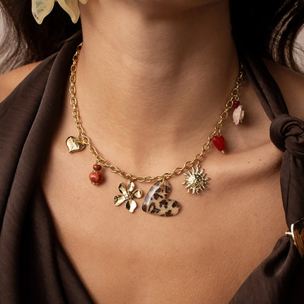 Collier Cléa - perles en céramique, coeurs léopard, texturé, en résine, soleil et fleur