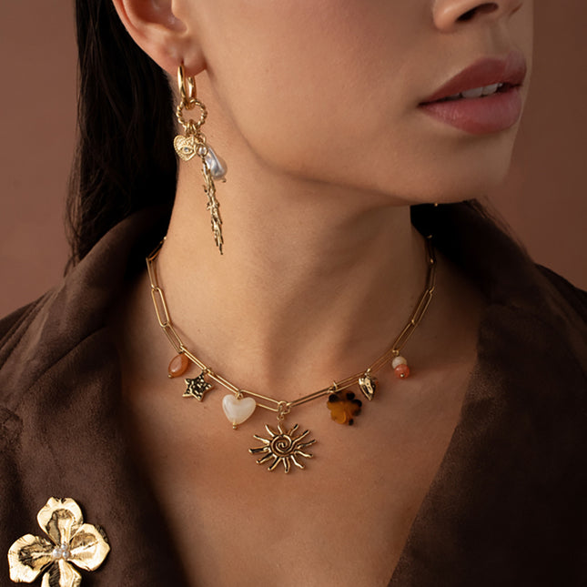 Lionelle Necklace - hammered star, resin heart and clover, swirling sun, hammered heart