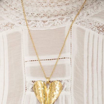 Long necklace - large curved and textured heart pendant