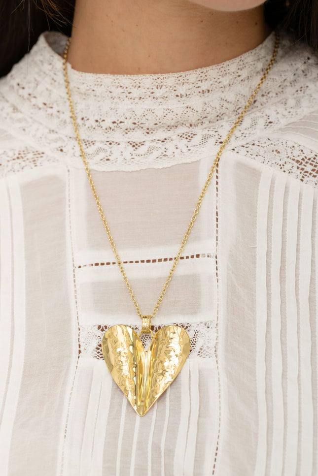 Long necklace - large curved and textured heart pendant