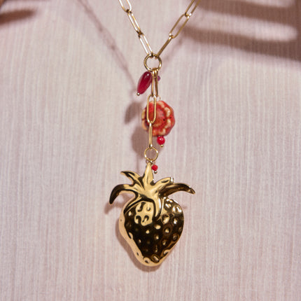 Y-necklace - strawberry pendant, heart bead and enameled ceramic flower