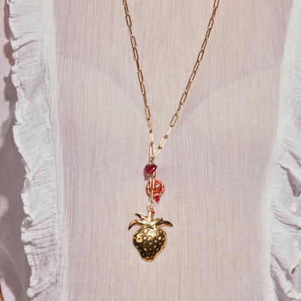 Y-necklace - strawberry pendant, heart bead and enameled ceramic flower