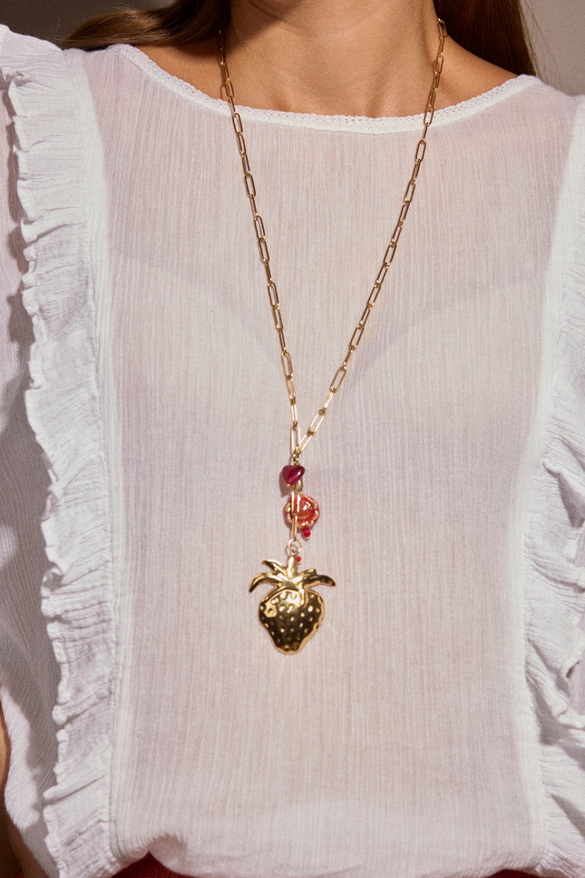 Collier en Y - pendentif fraise, perle coeur et fleur en céramique émaillée