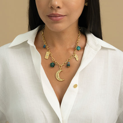 Necklace - resin beads, moon and sun plaque, beaded flower, glazed ceramic, hammered moon, hand
