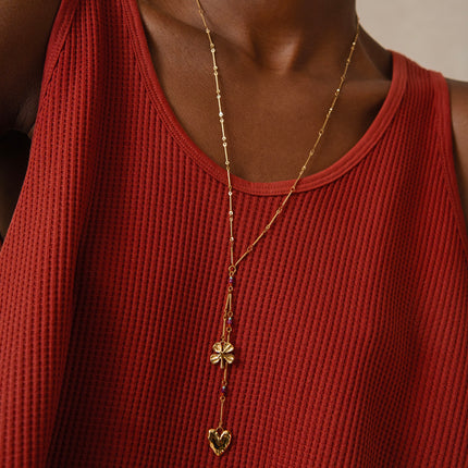 Lucky Y Necklace - clover, heart, natural stones