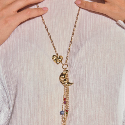Necklace - moon, heart, dangling chains and beads