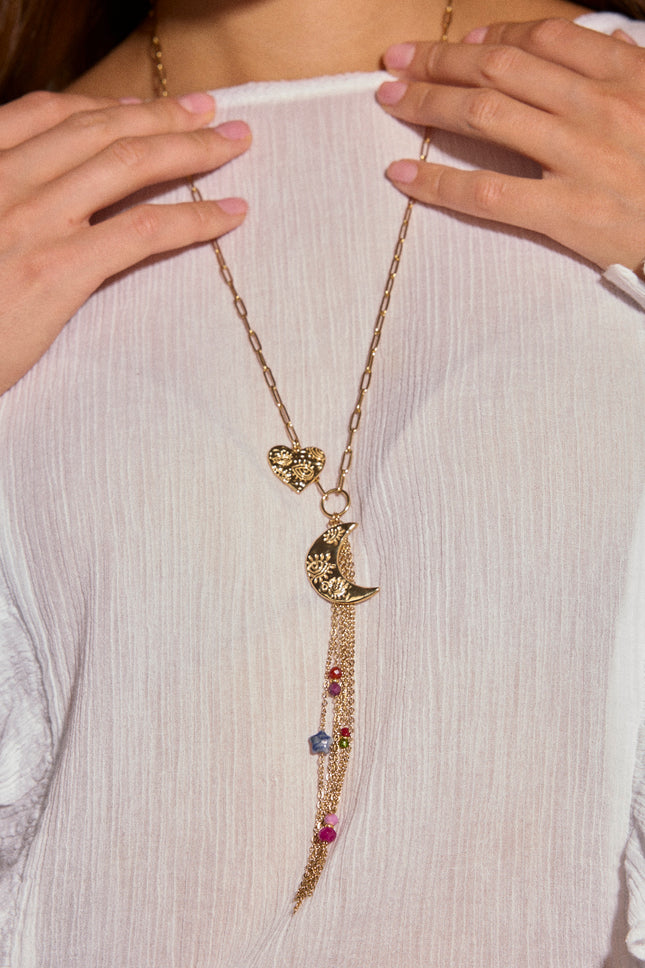 Necklace - moon, heart, dangling chains and beads