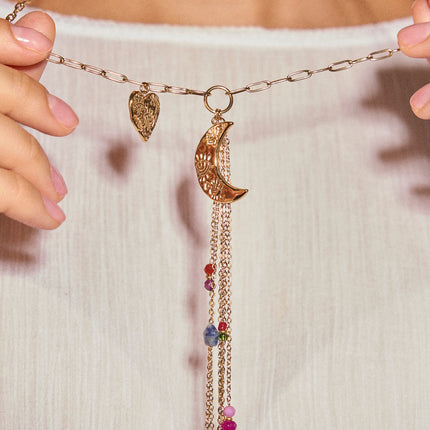 Necklace - moon, heart, dangling chains and beads