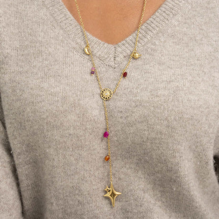 Collier Y - lune, soleil, Saturne, étoiles et perles