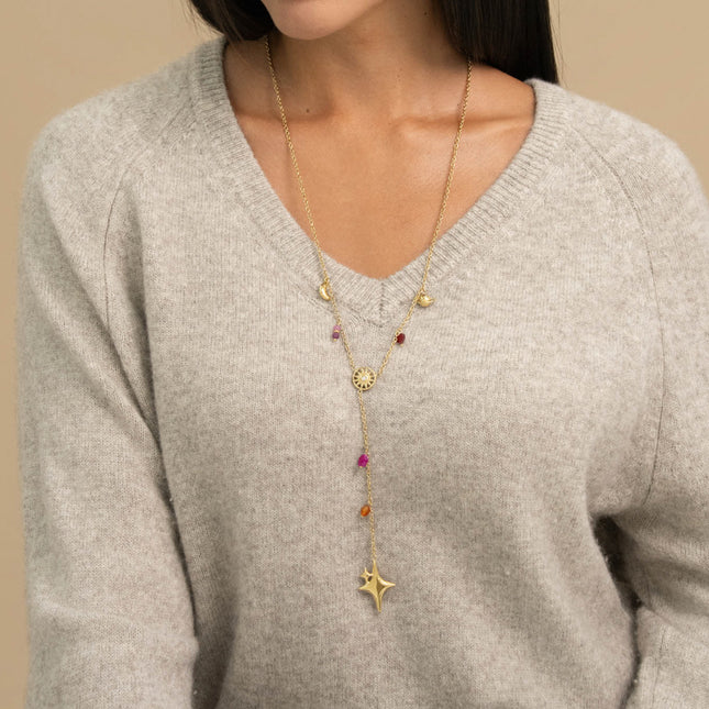 Y Necklace - Moon, Sun, Saturn, Stars and Pearls
