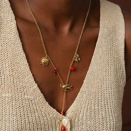 Collier Y Amoria - breloques fleur, oiseau, trèfle, coeur et perles en céramique émaillée
