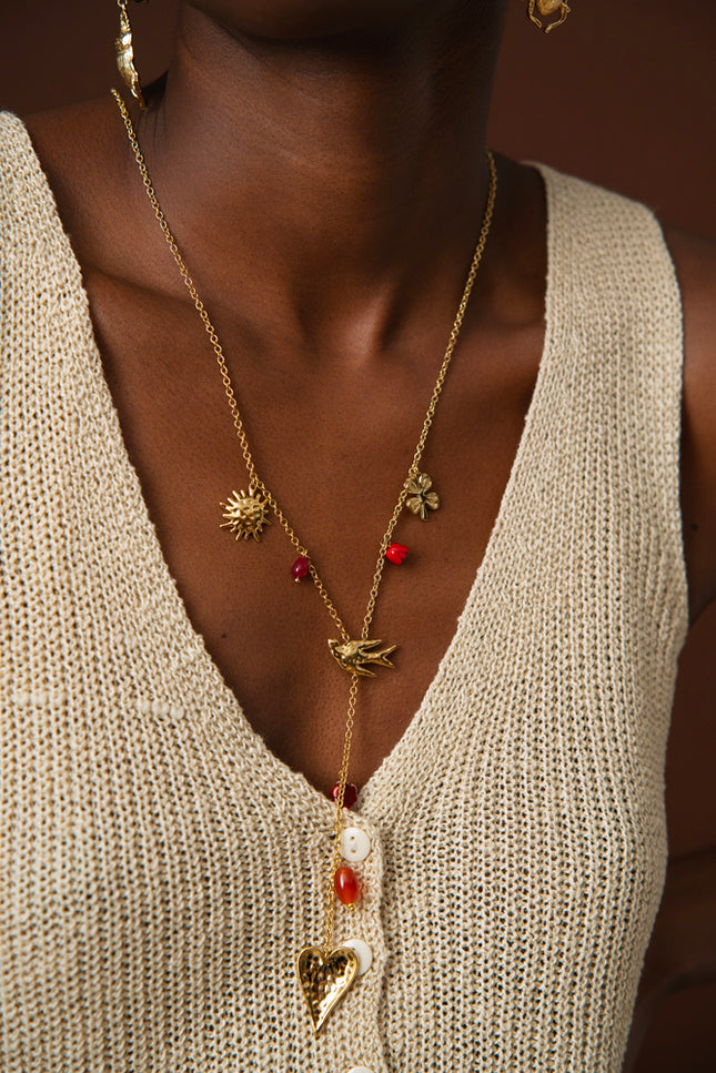Collier Y Amoria - breloques fleur, oiseau, trèfle, coeur et perles en céramique émaillée
