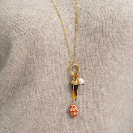 Necklace - freshwater pearl, enameled ceramic pearl, resin horn