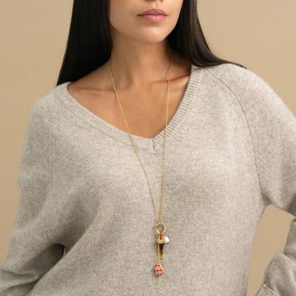 Necklace - freshwater pearl, enameled ceramic pearl, resin horn